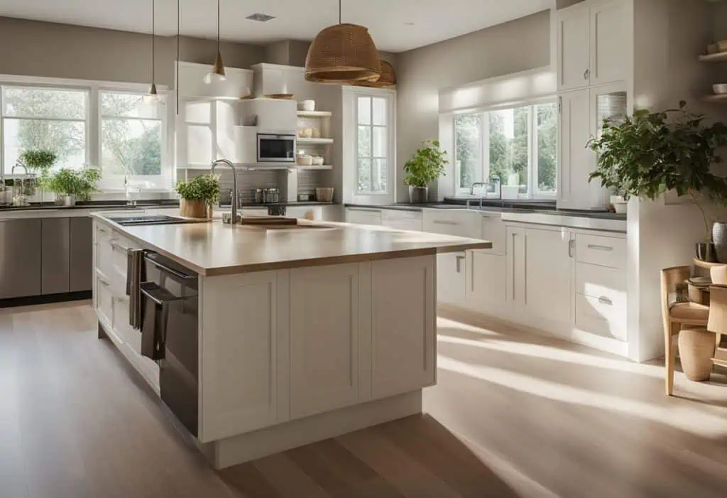 Bright, airy kitchen featuring natural light, plants, and balanced layout for positive energy flow i.