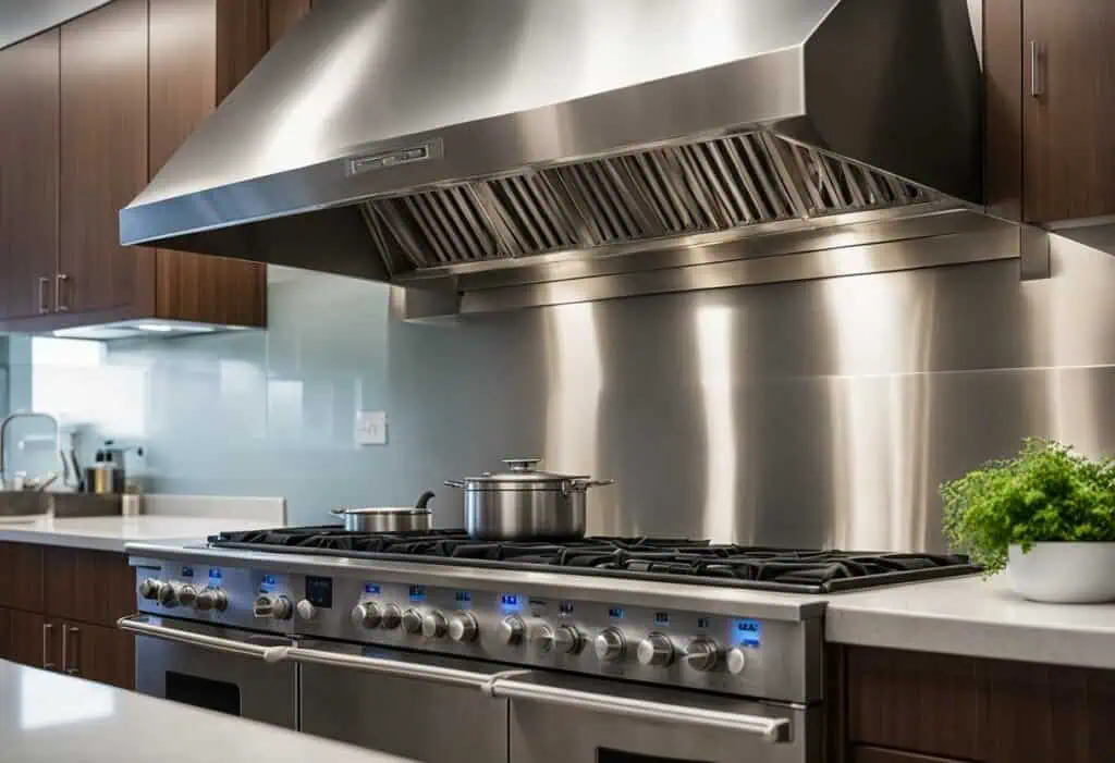 Modern kitchen ventilation system with stainless steel range hood and stove.