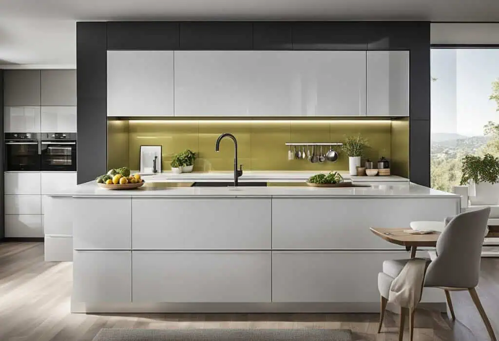 Contemporary white kitchen wall cabinets with sleek design and ambient lighting.