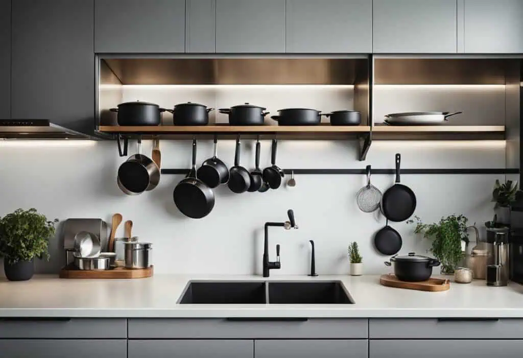 Kitchen wall rack with pots, pans, and utensils for efficient storage and sleek design.