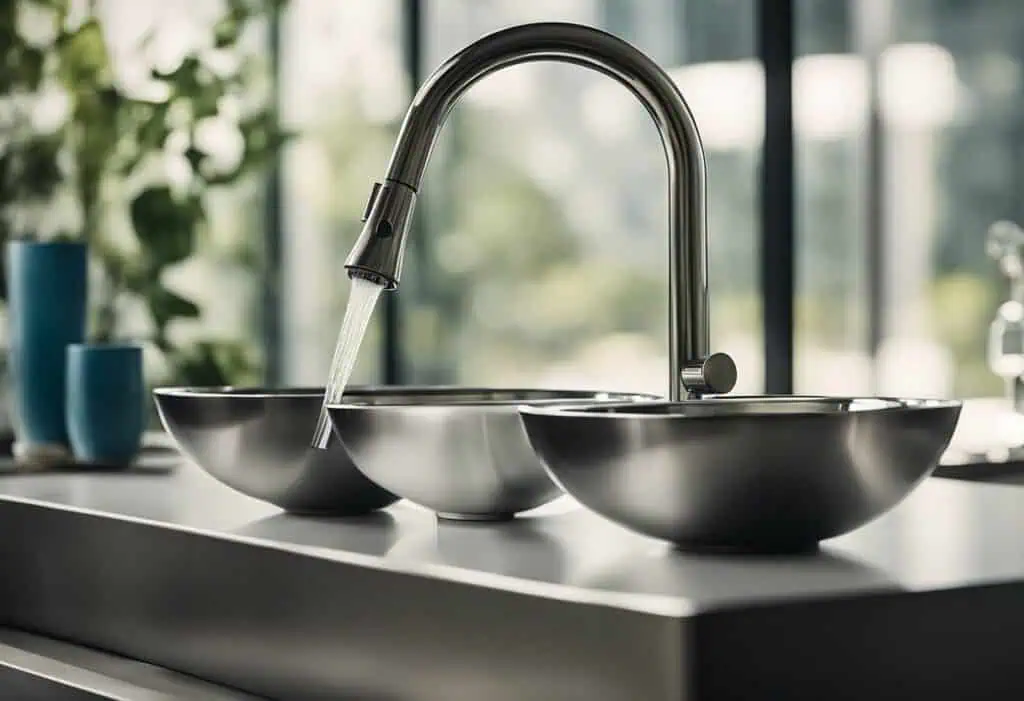 Sleek stainless steel kitchen wash basin with modern faucet design.