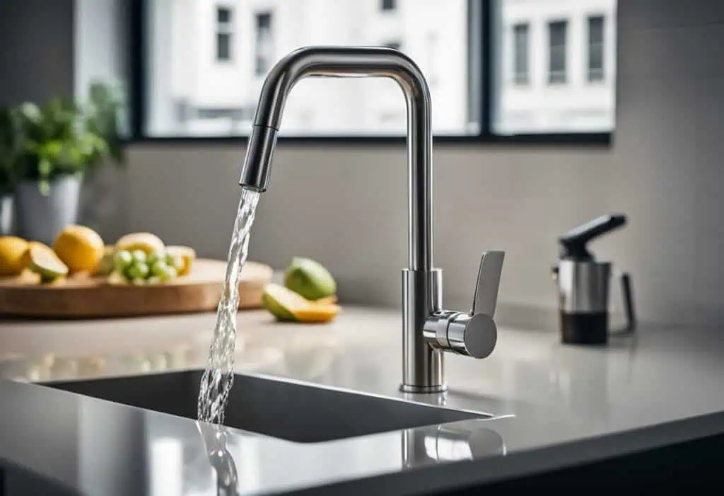 Stylish stainless steel kitchen faucet with flowing water.