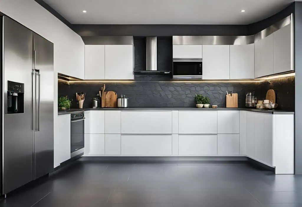 Elegant white kitchen with sleek black backsplash and minimalist cabinetry.