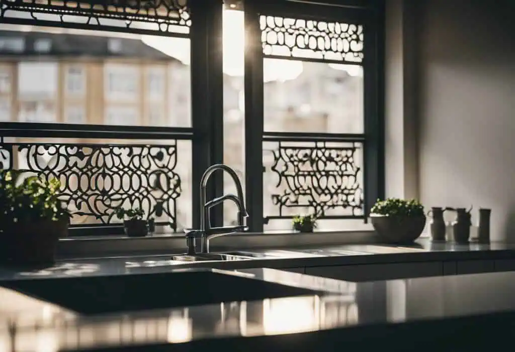 Elegant kitchen window grill with intricate patterns enhancing home aesthetics and security.