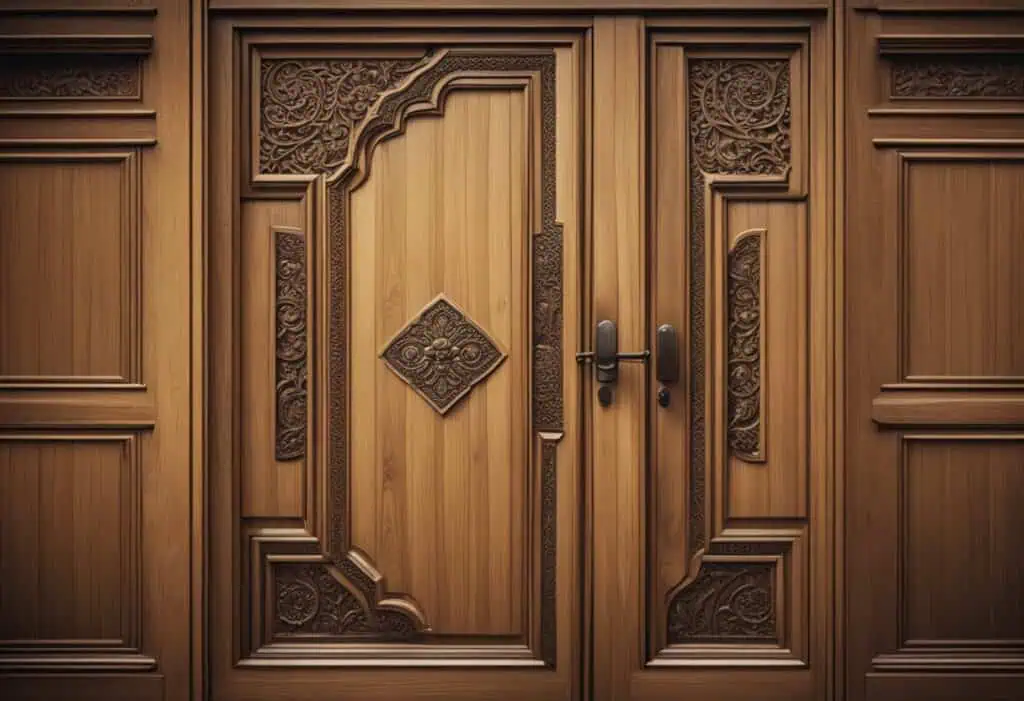 Elegant wooden kitchen door with intricate carvings and classic style.