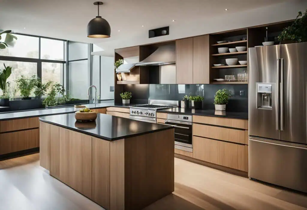 Elegant kitchen wood cabinetry with a central island, black countertops, and stainless steel refrige.
