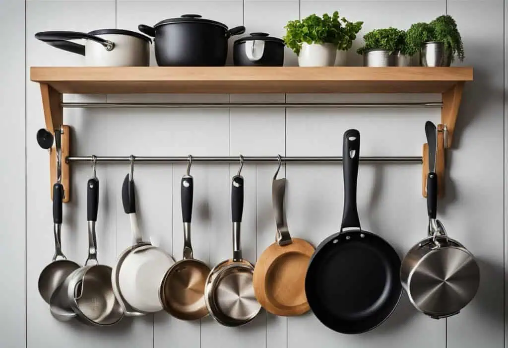 Elegant wooden kitchen rack with hanging pots and pans for organized cooking space.