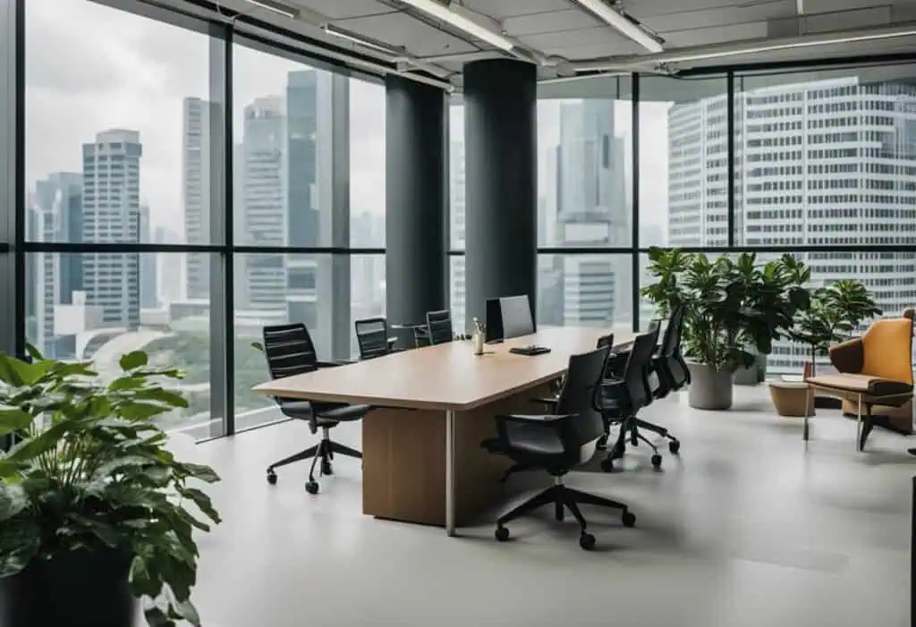Modern office conference room with sleek furniture and large windows overlooking Singapore skyline.