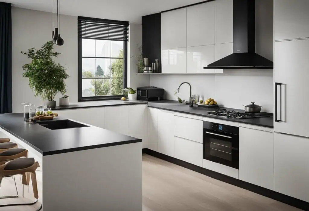 Sleek white and black modern kitchen with KompacPlus surfaces and minimalist style.