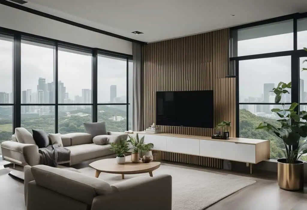 Stylish living room featuring contemporary furniture and large windows with city skyline views.