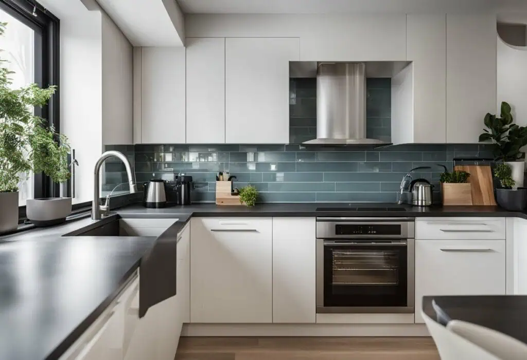 L-Shaped kitchen design featuring a large window, maximizing natural light and space efficiency.