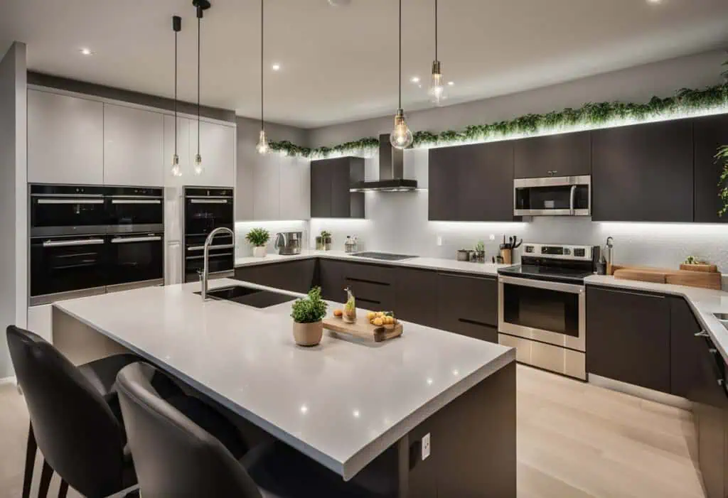 Contemporary L-shaped kitchen featuring a breakfast bar, minimalist cabinetry, and modern appliances.