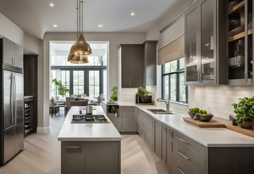 Elegant L-shaped kitchen with gray cabinetry and large windows for natural light.