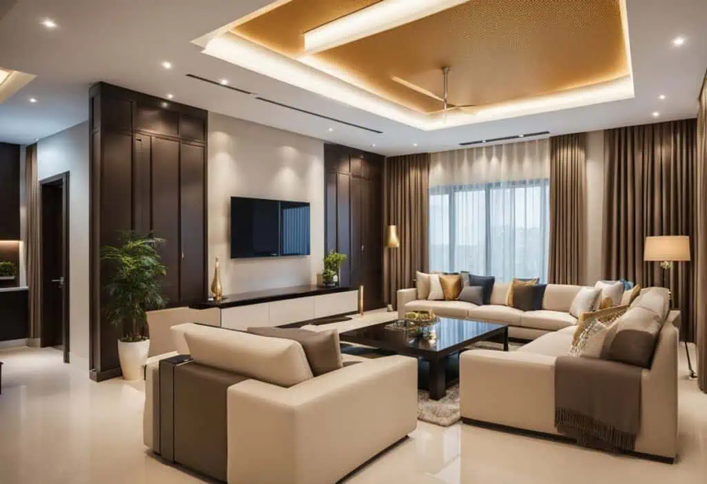 L-Shaped living room false ceiling with recessed lighting and warm tones.