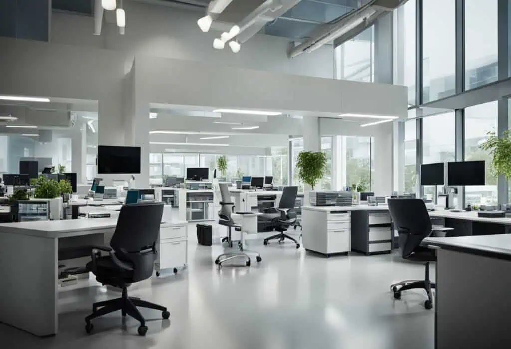 Contemporary laboratory office with ergonomic desks and large windows.