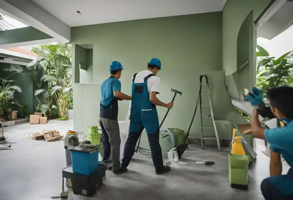 Renovation workers installing new wall finishes in a Singapore landed home.