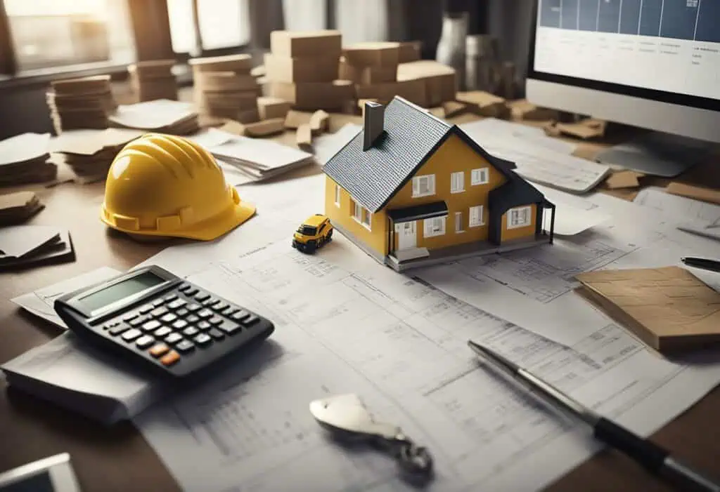 Home renovation planning with house model, blueprints, and tools on desk.