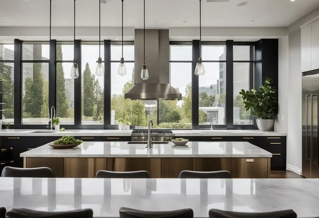 Bright modern kitchen featuring expansive windows and sleek design. Perfect for contemporary home re.