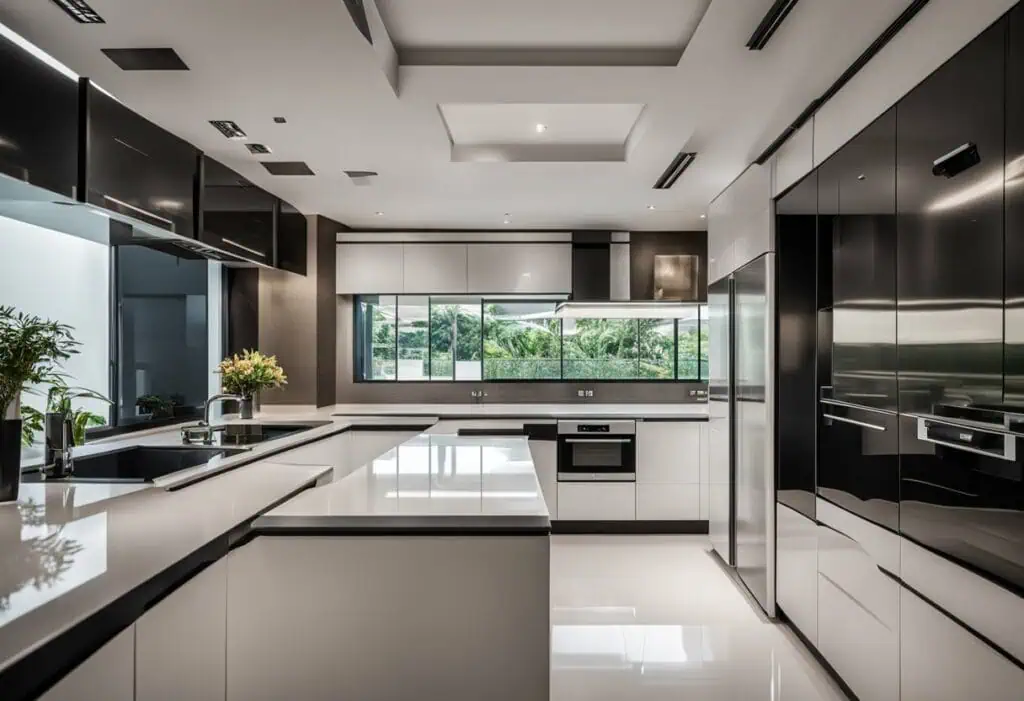 Sleek black and white modern kitchen cabinets with minimalist design and ample storage space.