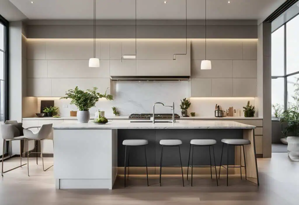 Modern minimalist kitchen with sleek white and gray cabinetry, pendant lighting, and large windows f.