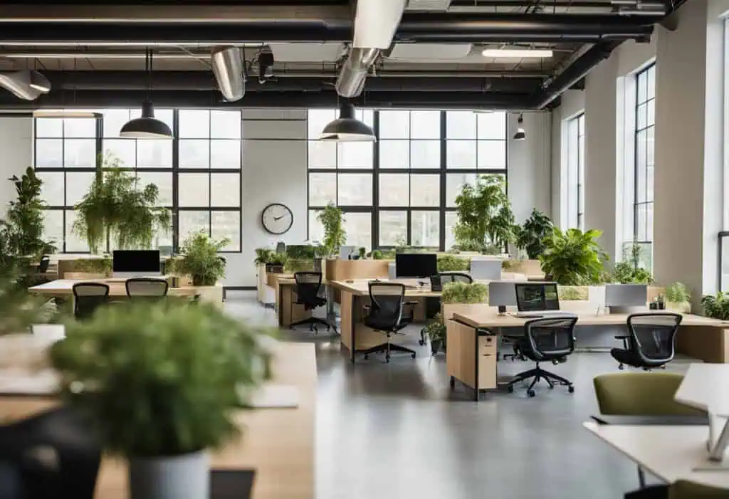 Office workspace with desks, ergonomic chairs, and lush green plants in a bright, airy environment.