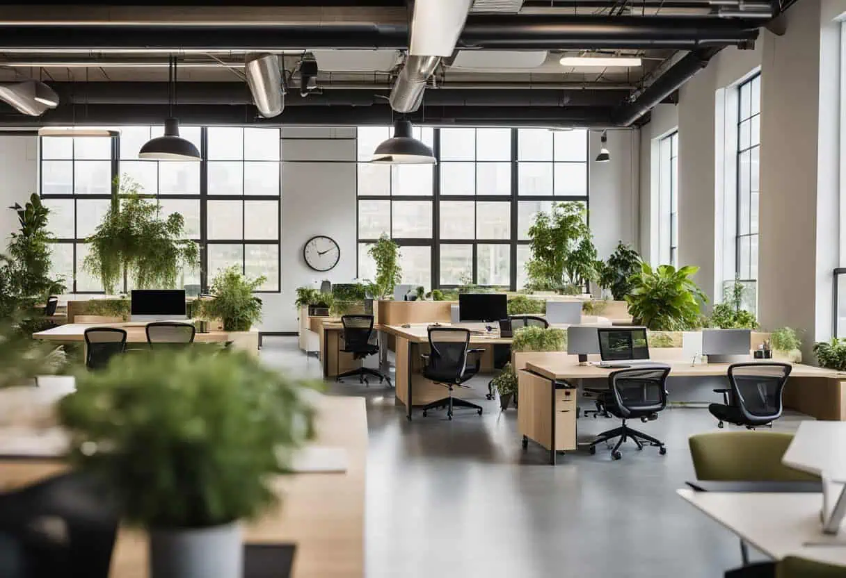 Office workspace with desks, ergonomic chairs, and lush green plants in a bright, airy environment.