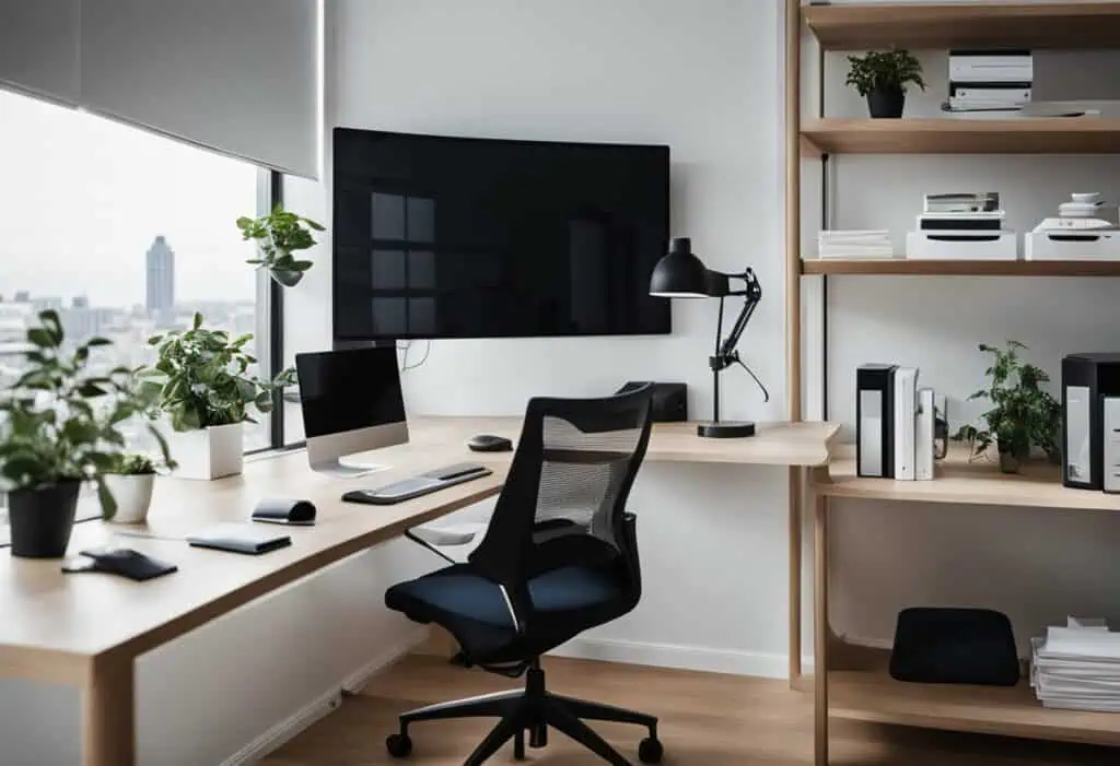 Contemporary office workspace with desk, monitor, plants, and shelving for productivity.
