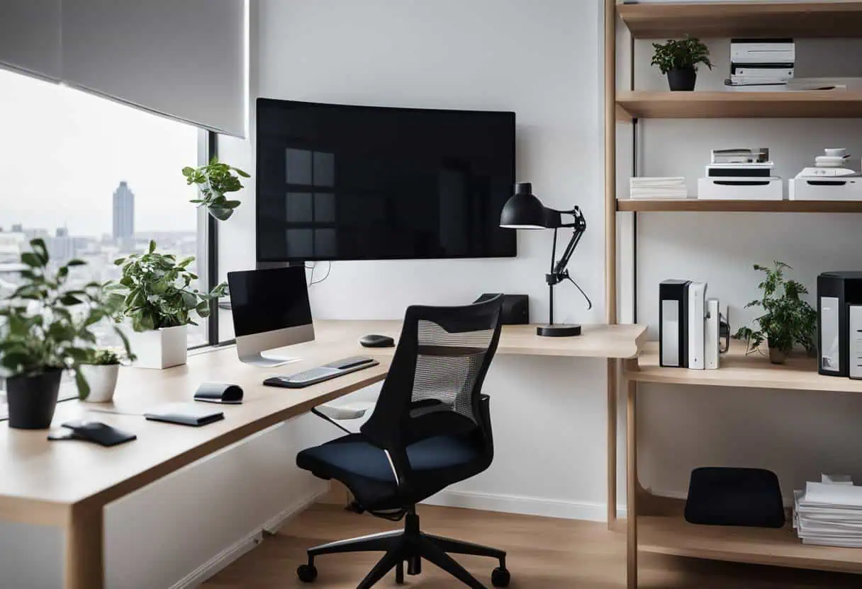 Contemporary office workspace with desk, monitor, plants, and shelving for productivity.