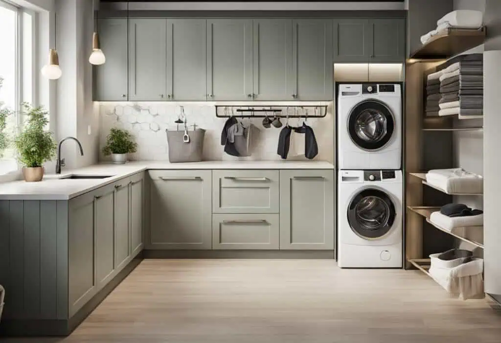 Bright laundry space featuring stylish cabinets, efficient organization, and modern appliances.
