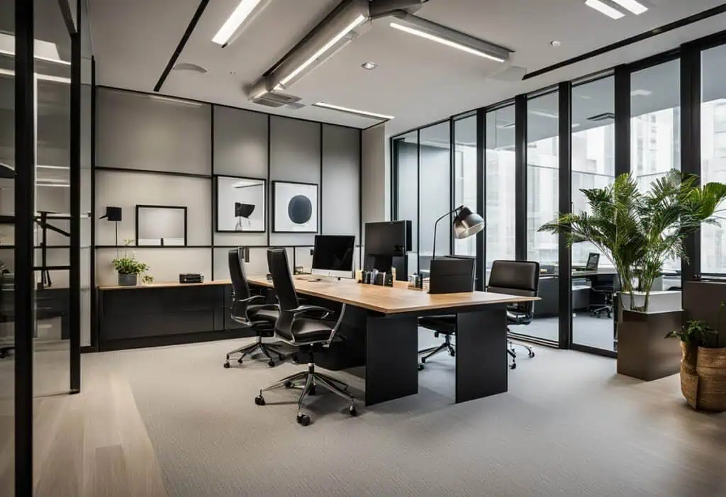 Contemporary law office with glass partitions, sleek furniture, and indoor plants for a professional.