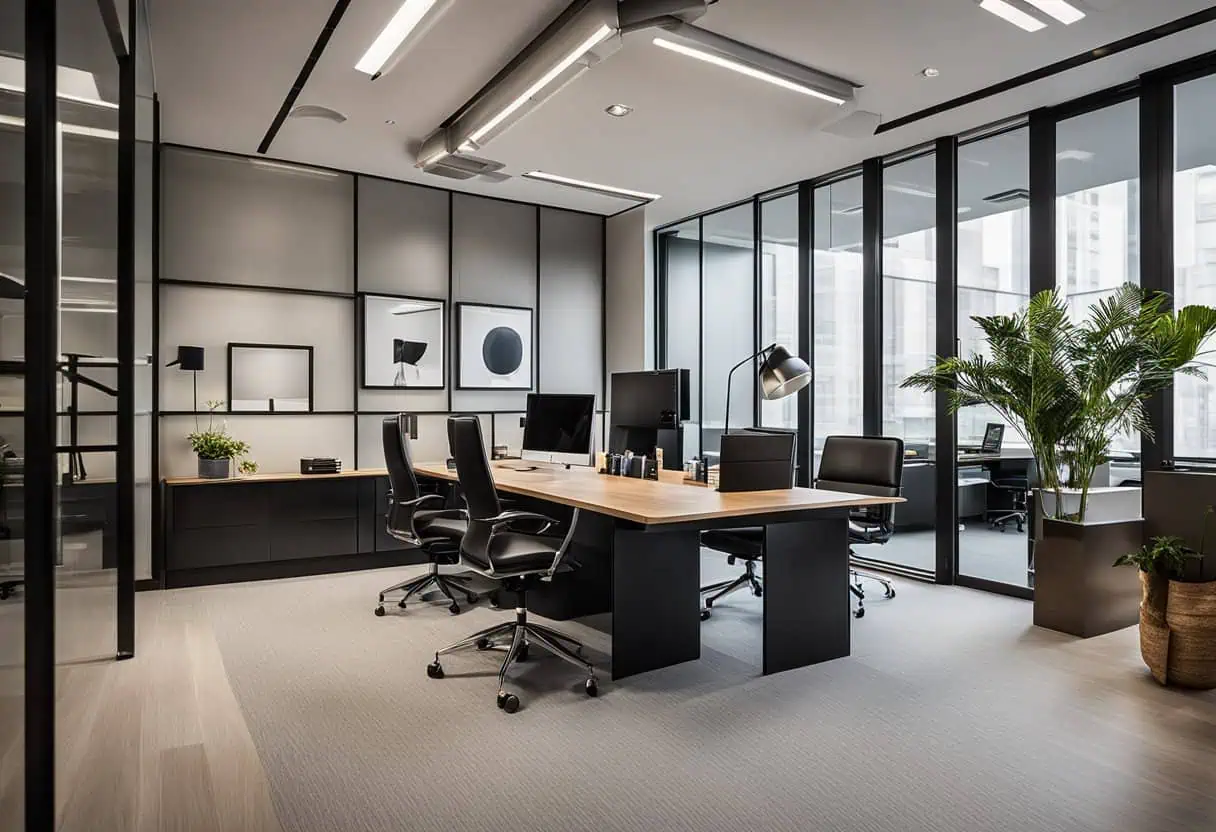 Contemporary law office with glass partitions, sleek furniture, and indoor plants for a professional.