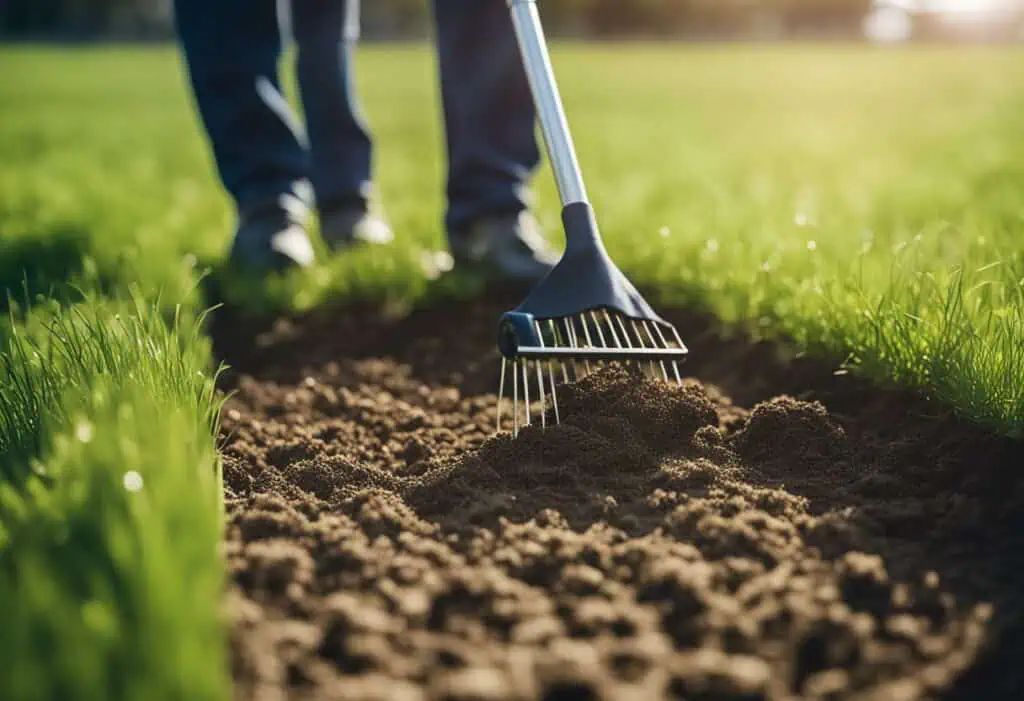 Person raking soil for lawn renovation in a lush green yard.
