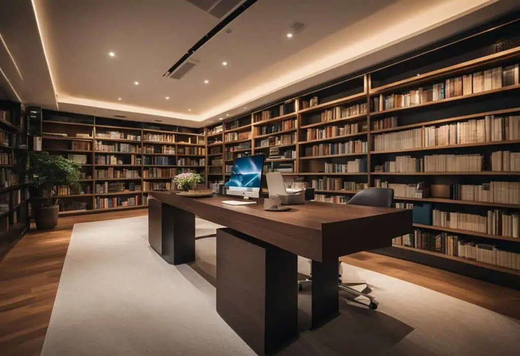 Modern library office with wooden shelves and a sleek desk for reading and work.