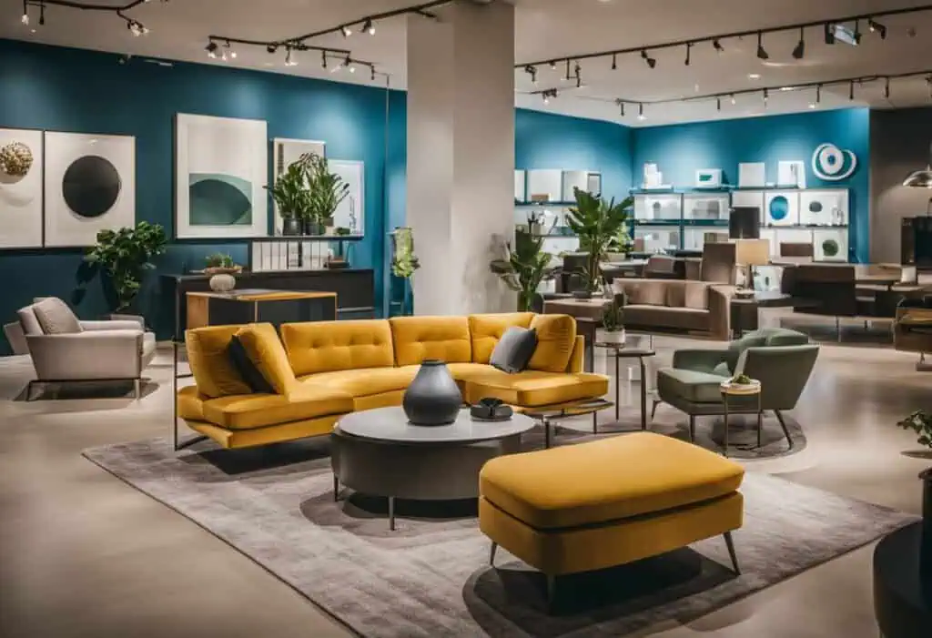 Elegant sofa set with yellow upholstery and contemporary decor.