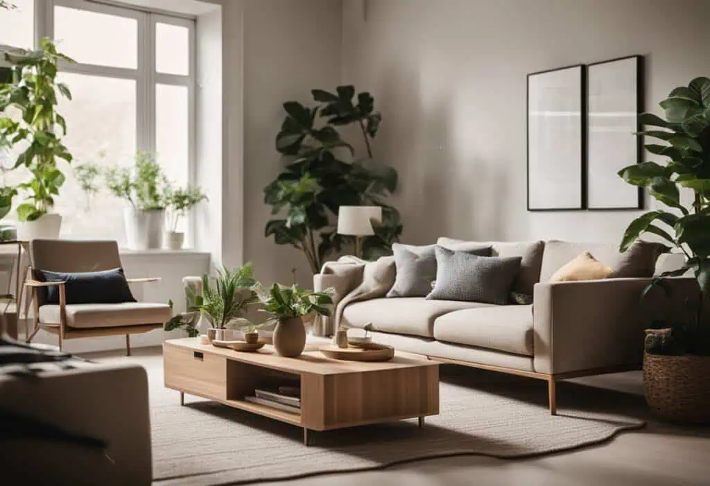 Stylish Scandinavian living room with neutral tones and natural light.