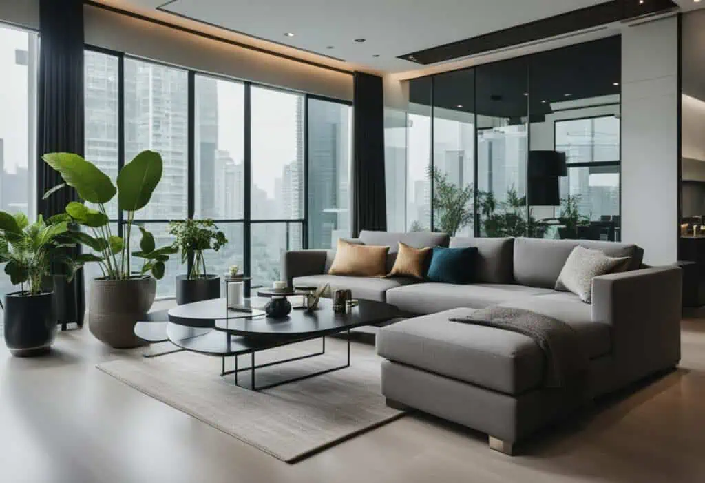 Elegant modern living room with stylish furniture and large windows showcasing cityscape views.