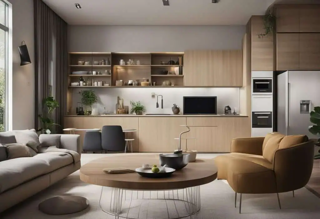 Stylish small living room and kitchen with smart storage solutions for maximizing space in compact h.