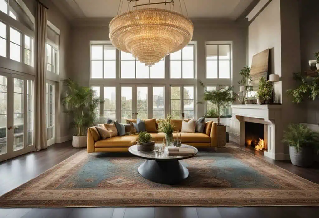 Spacious living room featuring large windows, a modern fireplace, and stylish decor for a luxurious.