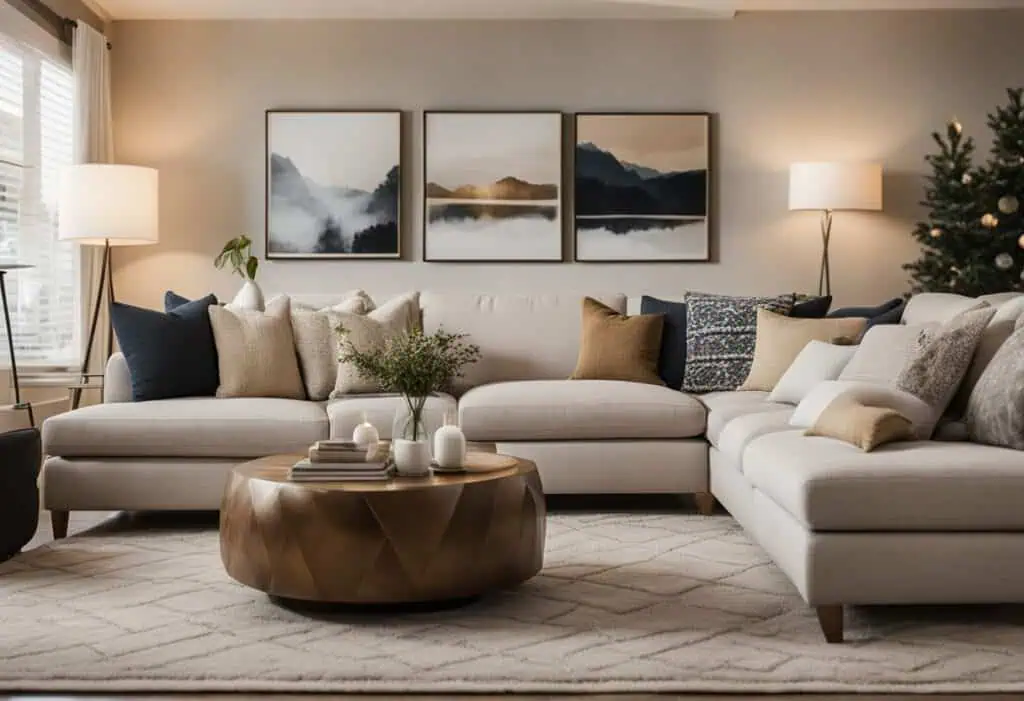 Spacious living room featuring neutral tones, stylish cushions, and modern artwork for a comfortable.