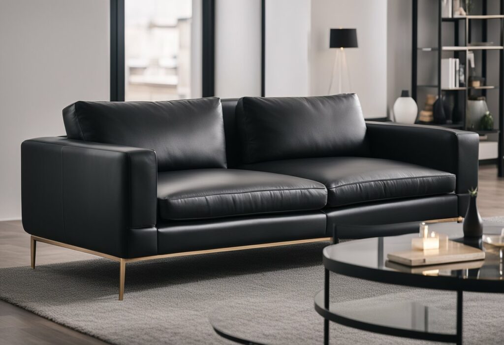 living room design with black leather sofa
