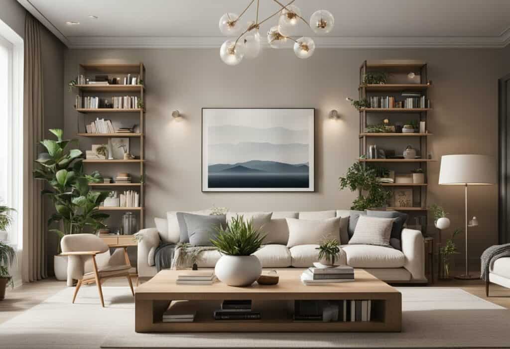 living room design with bookshelves