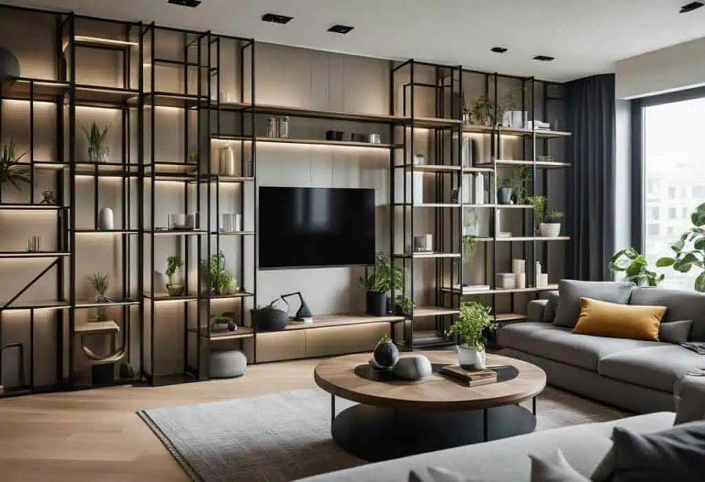 Modern living room divider with open shelving for stylish space separation.