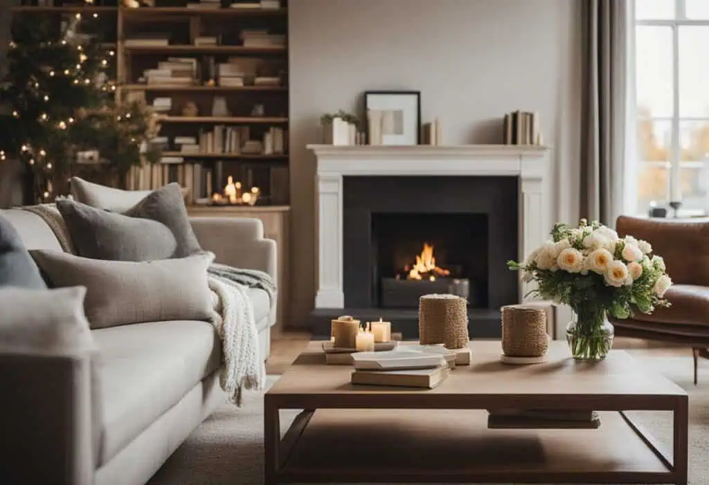 Elegant living room featuring a fireplace, plush sofa, and stylish decor for a warm, inviting space.