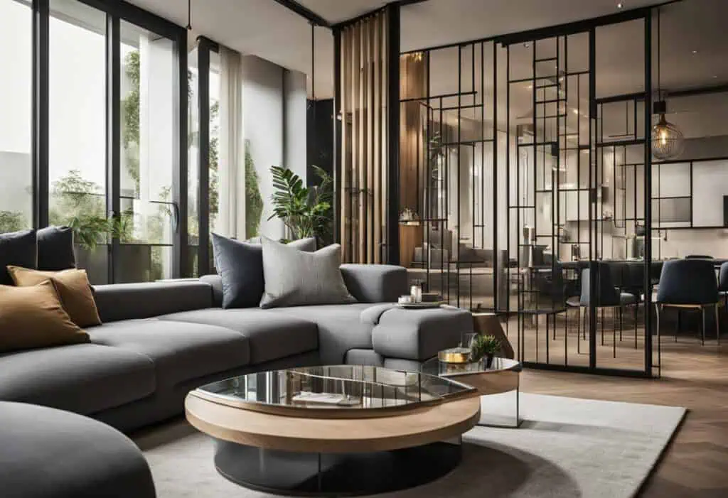 Elegant living room partition design with glass and metal elements for stylish space division.