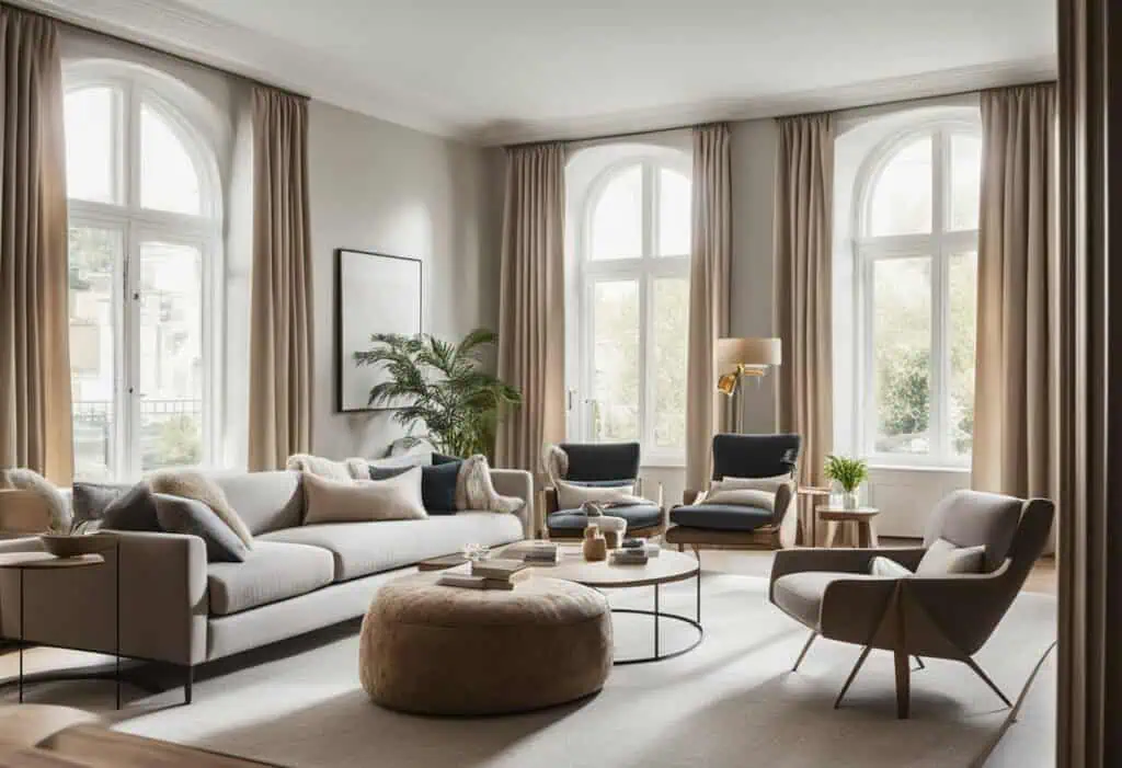 Elegant living room with large arched windows and modern furniture.