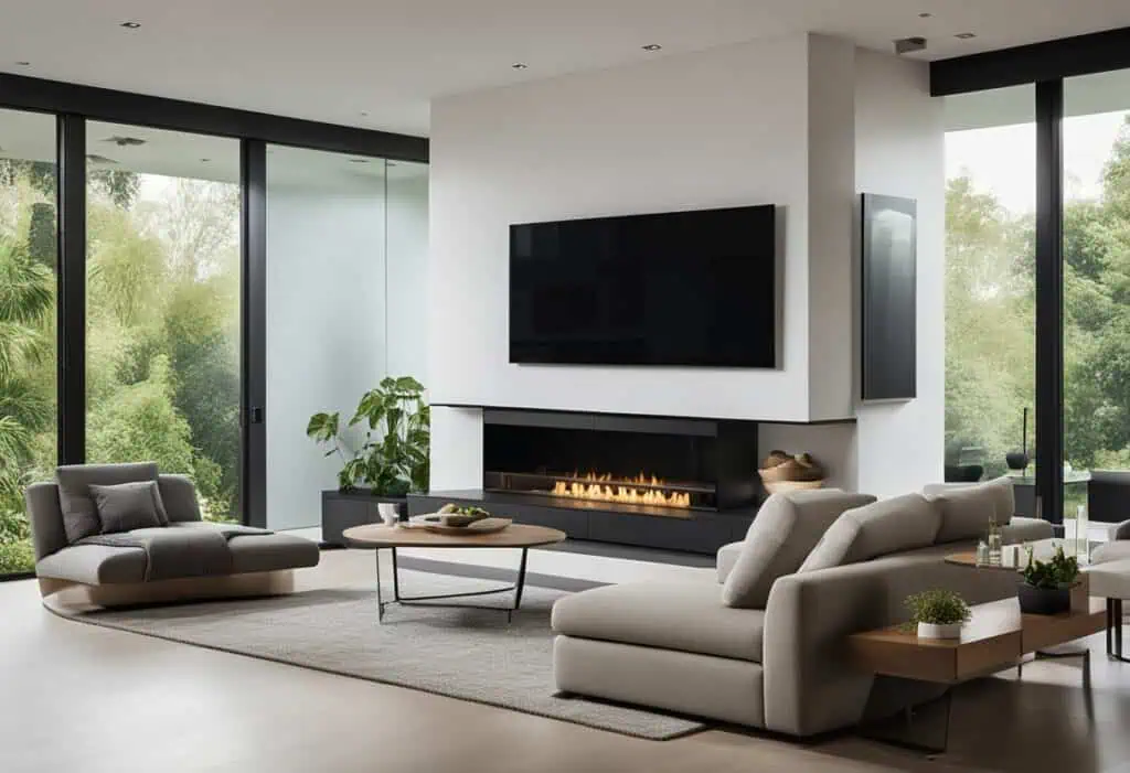 Elegant living room with contemporary furniture, fireplace, and expansive glass windows showcasing l.