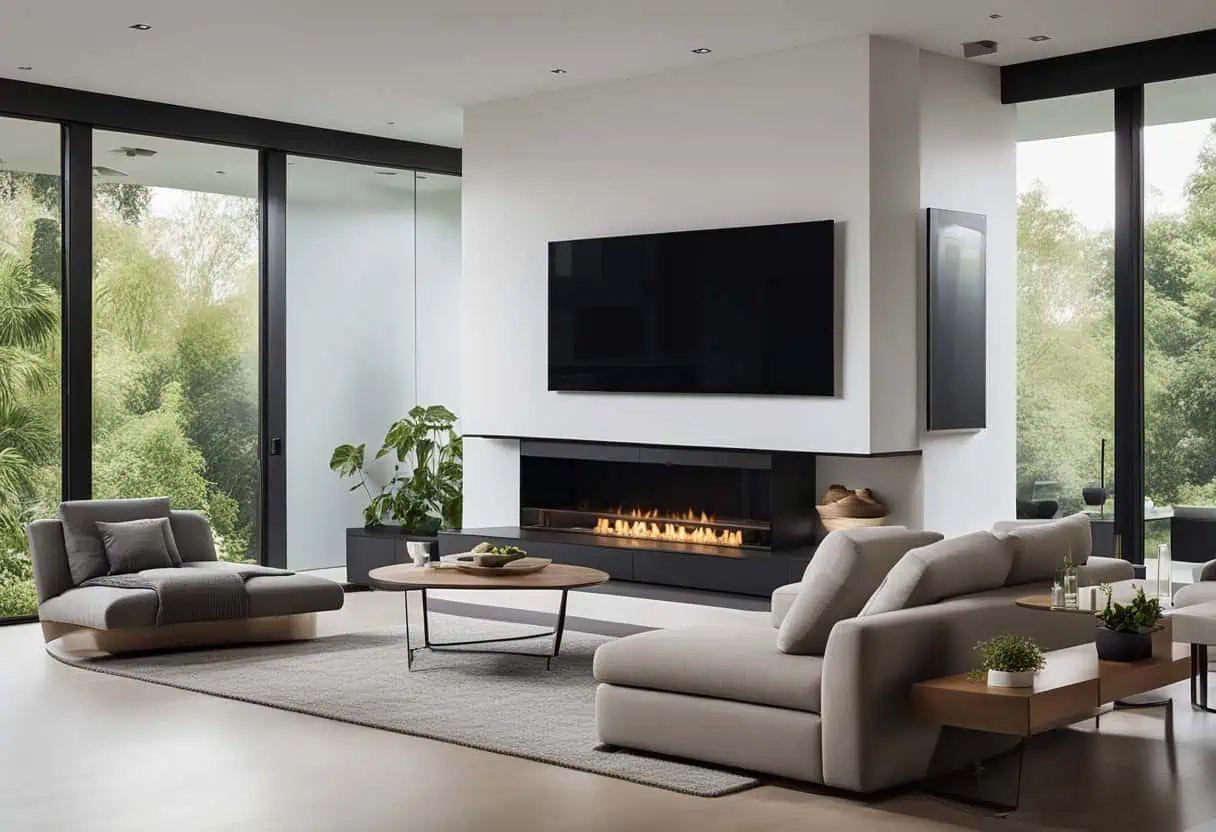 Elegant living room with contemporary furniture, fireplace, and expansive glass windows showcasing l.