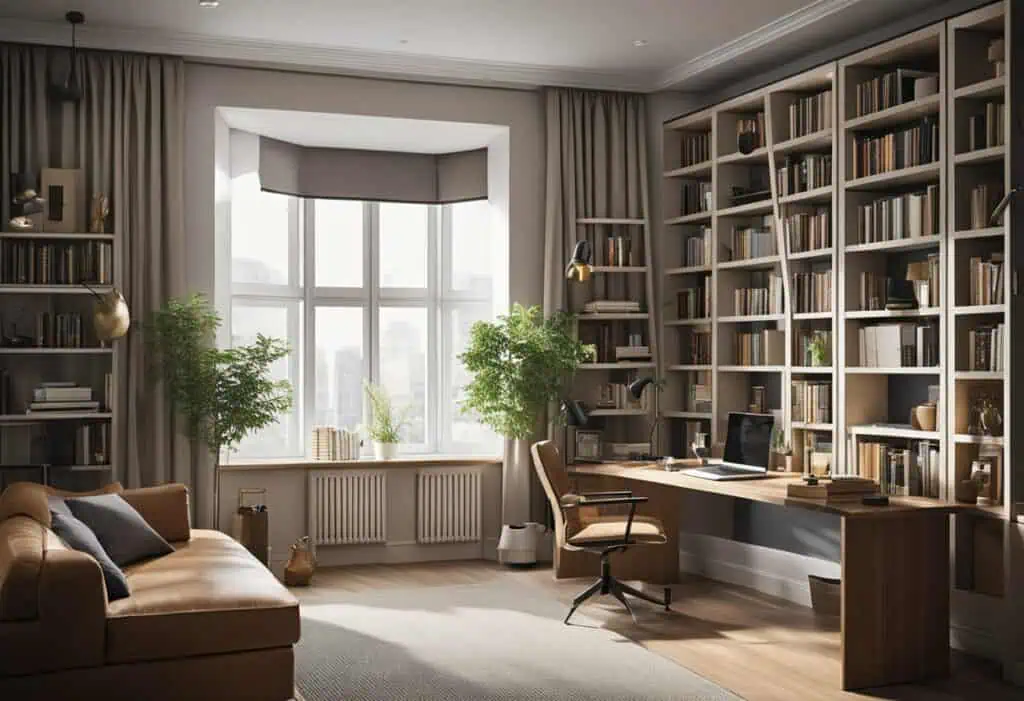 Bright living room study with ample natural light and stylish workspace setup.