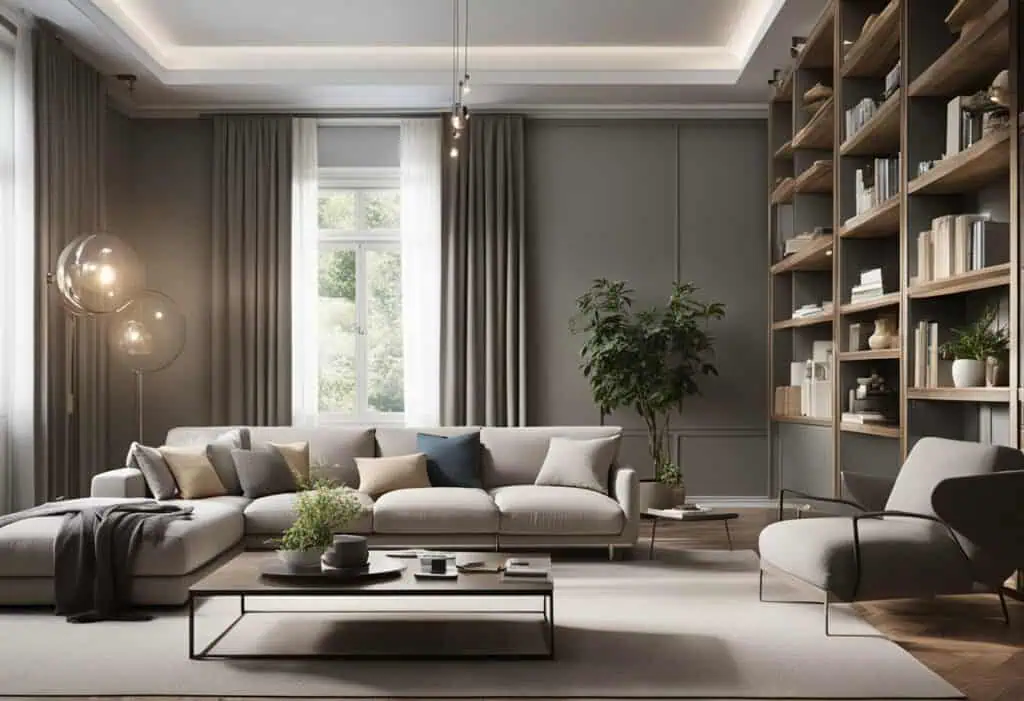 Elegant living room with contemporary sofa, armchair, and built-in bookshelves.