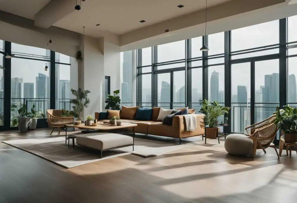 Stylish loft living room with modern furniture and city views in Singapore.